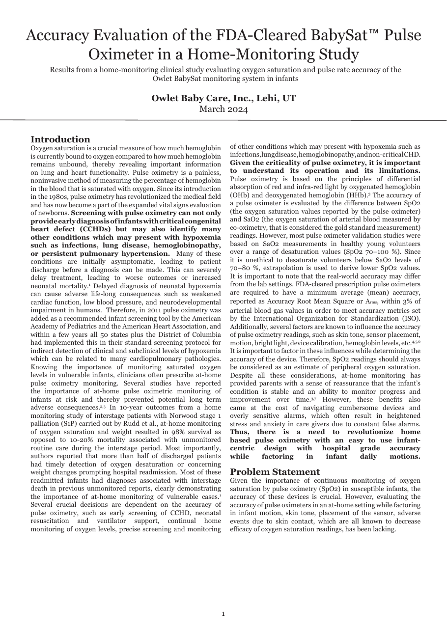 Cover of Accuracy Evaluation of the FDA-Cleared BabySat Pulse Oximeter in a Home-Monitoring Study