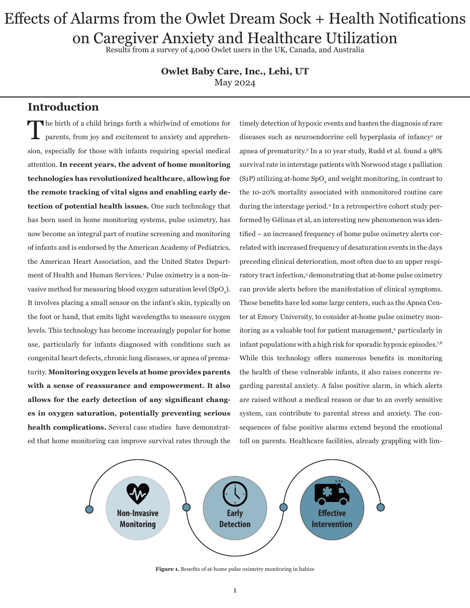 Cover of Effects of Alarms from the Owlet Dream Sock + Health Notifications on Caregiver Anxiety and Healthcare Utilization